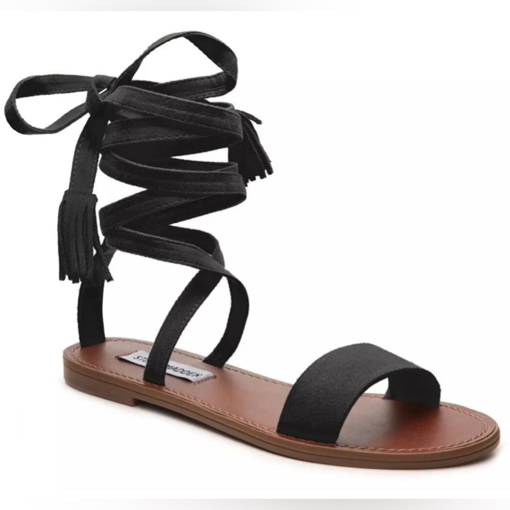 Steve Madden “Kaara” Black Leather Ankle Tie Tassel Flat Sandal | Size: 6 Women